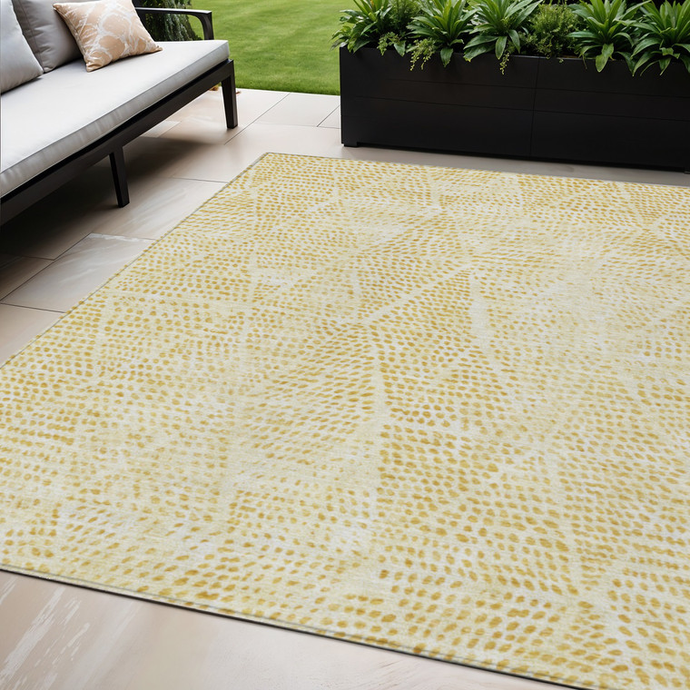 5' X 8' Wheat Gold And Ivory Geometric Washable Indoor Outdoor Area Rug