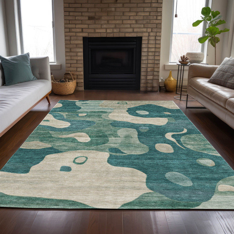 3' X 5' Teal Blue Ivory And Beige Abstract Washable Indoor Outdoor Area Rug