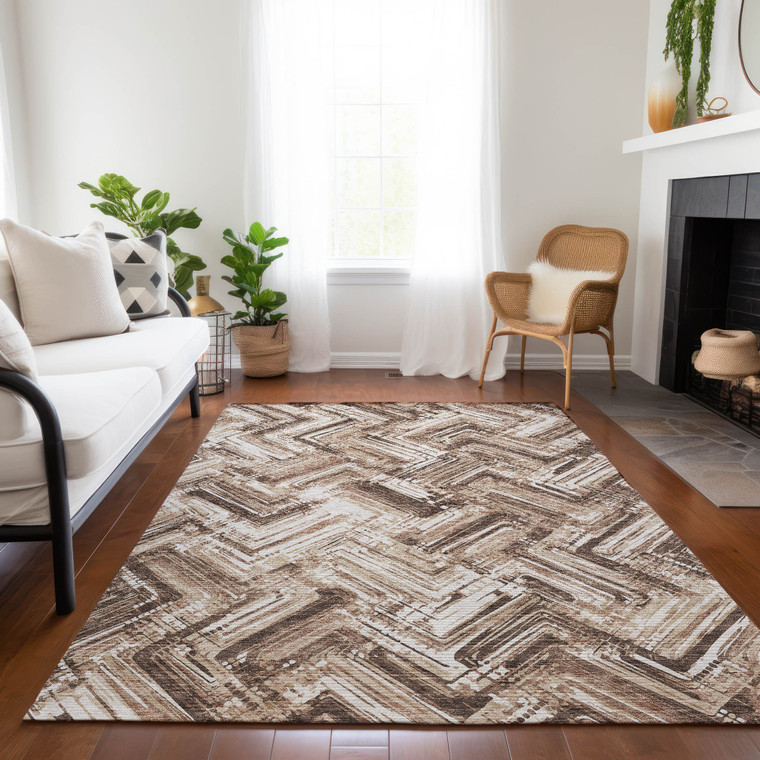 3' X 5' Brown Taupe And Tan Geometric Washable Indoor Outdoor Area Rug