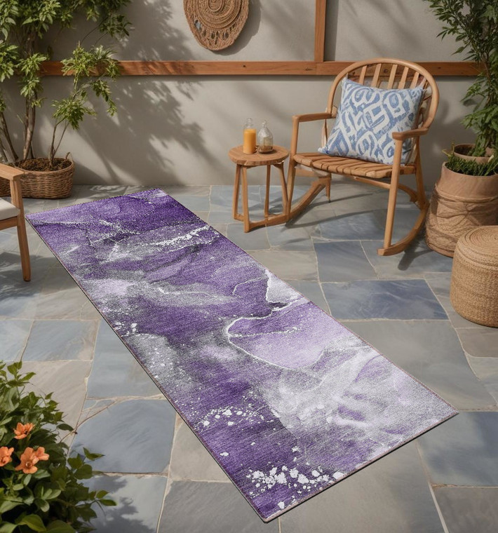 8' Runner Gray and Purple Abstract Washable Non Skid Indoor Outdoor Runner Rug - 608219362737