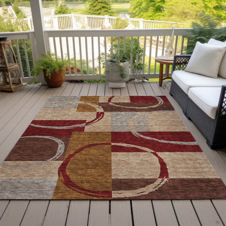 3' X 5' Wheat And Burgundy Geometric Washable Indoor Outdoor Area Rug