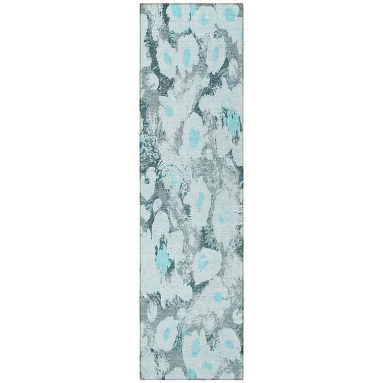 8' Runner Teal Floral Washable Non Skid Indoor Outdoor Runner Rug