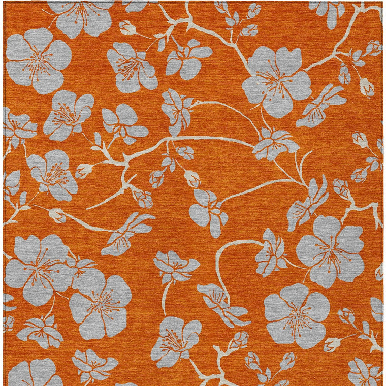 3' X 5' Orange And Gray Floral Washable Indoor Outdoor Area Rug