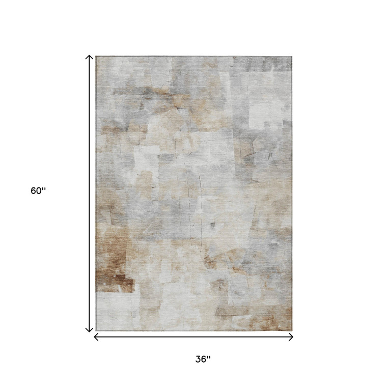 3' X 5' Beige Gray And Khaki Abstract Washable Indoor Outdoor Area Rug