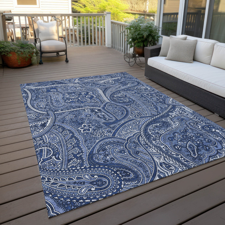 5' X 8' Navy Blue And Sky Blue Paisley Washable Indoor Outdoor Area Rug