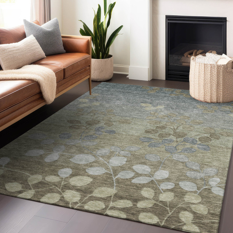3' X 5' Khaki And Gray Floral Washable Indoor Outdoor Area Rug