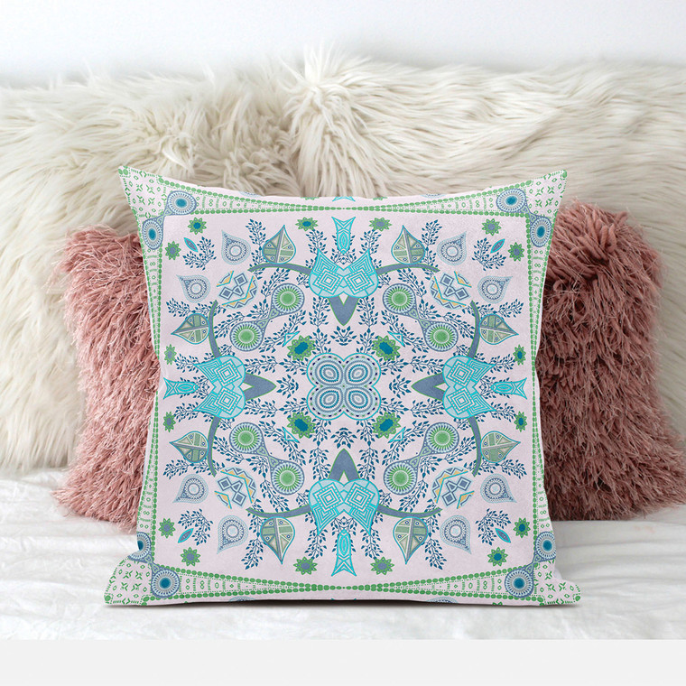 26" X 26" White And Green Blown Seam Floral Indoor Outdoor Throw Pillow - White & Green