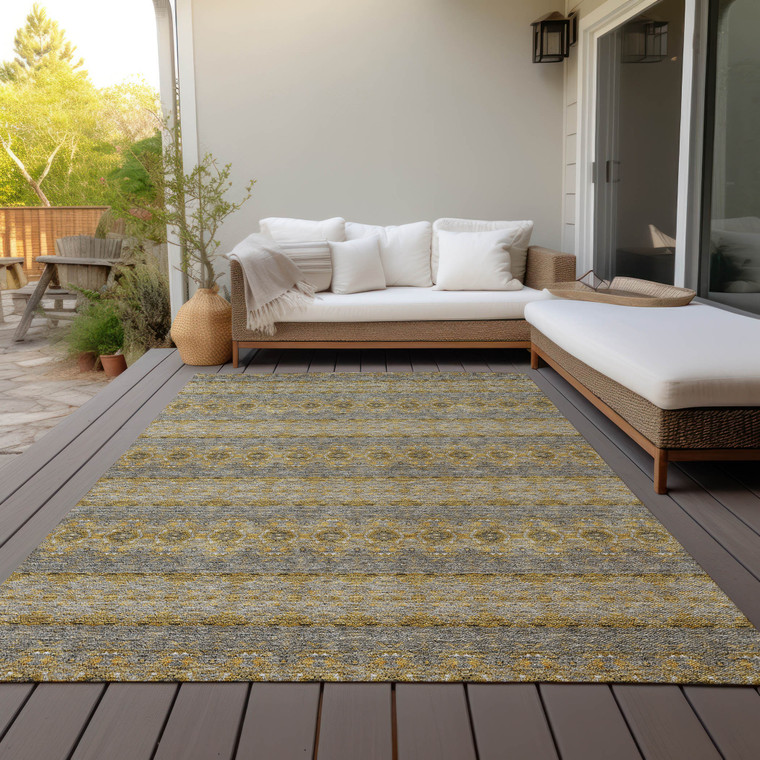 3' X 5' Gold Gray And Silver Floral Medallion Washable Indoor Outdoor Area Rug