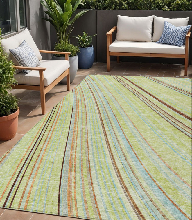 5' X 8' Sage Brown And Sky Blue Striped Washable Indoor Outdoor Area Rug