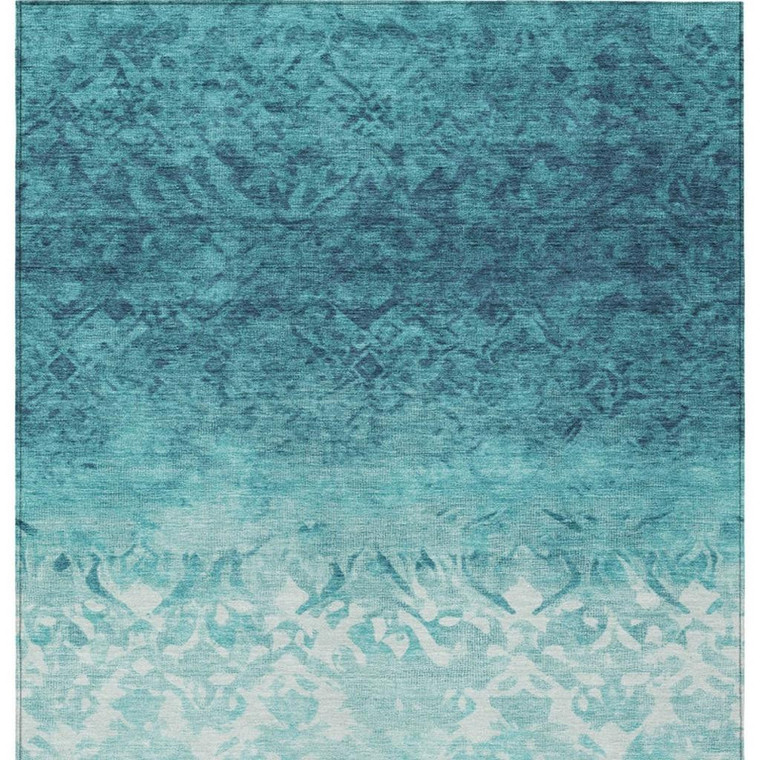 5' X 8' Teal Blue And Ivory Damask Washable Indoor Outdoor Area Rug - Teal Blue, Ivory