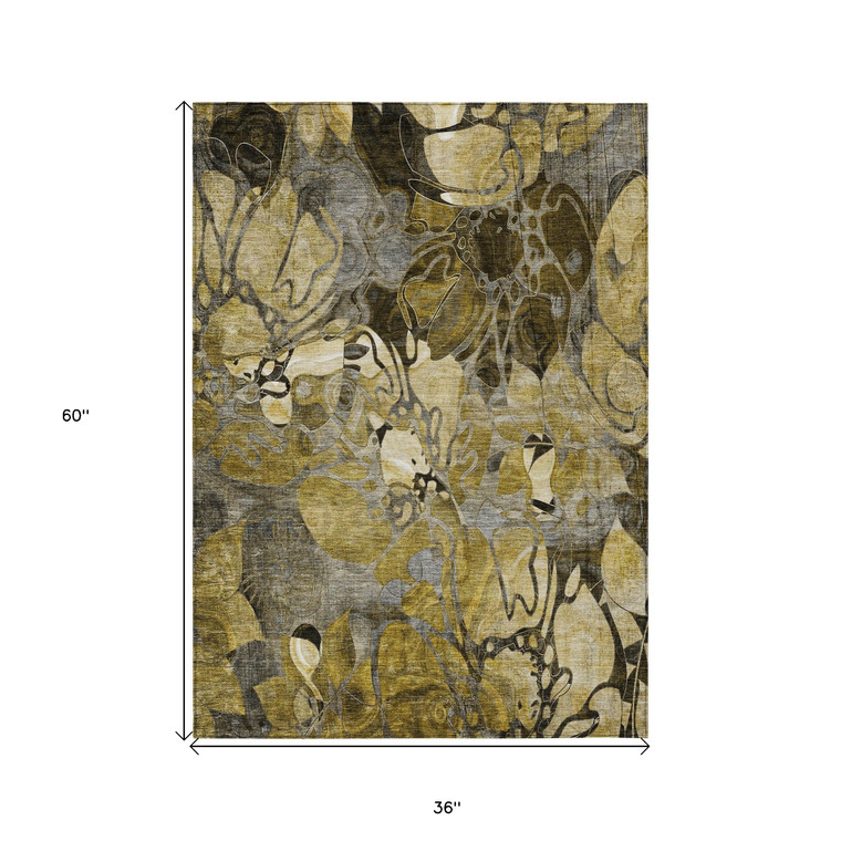 3' X 5' Green and Brown Abstract Washable Indoor Outdoor Area Rug