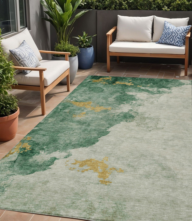 5' X 8' Emerald And Gold Abstract Washable Indoor Outdoor Area Rug