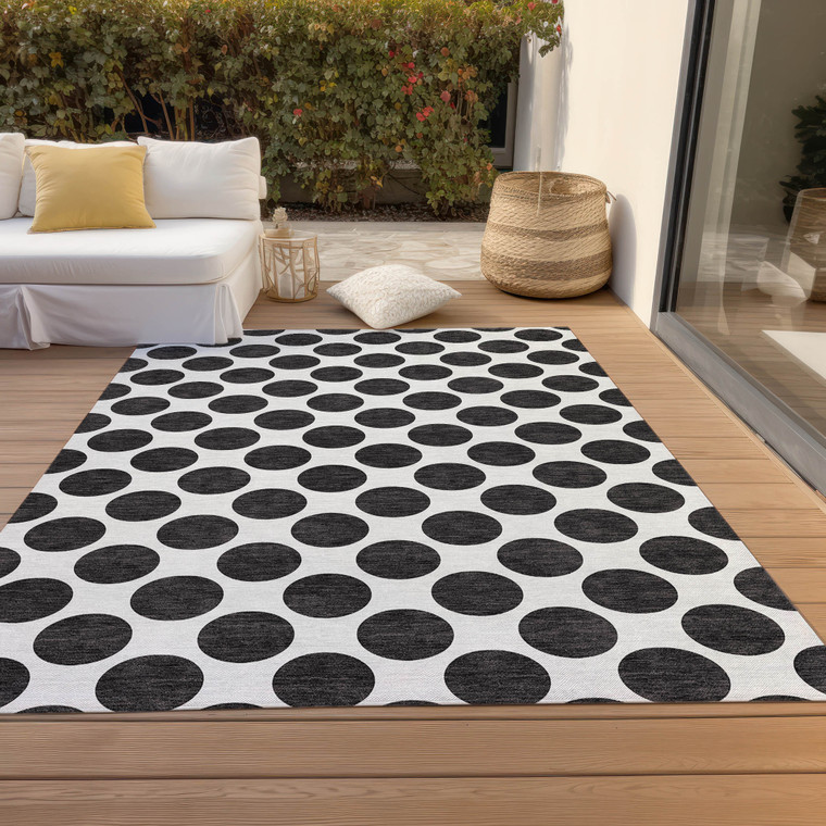 3' X 5' Black And Ivory Polka Dot Washable Indoor Outdoor Area Rug - Black, Ivory