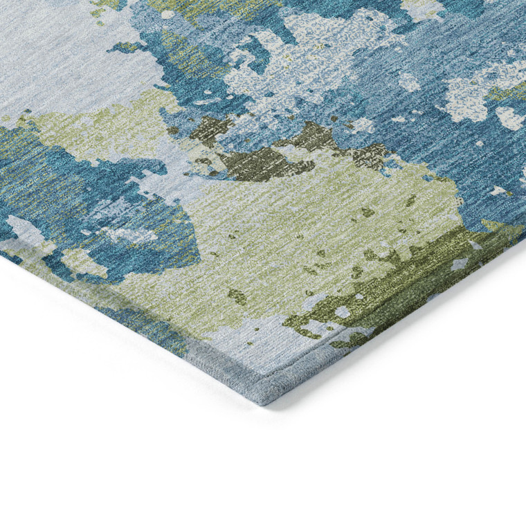 5' X 8' Denim Blue And Olive Green Abstract Washable Indoor Outdoor Area Rug