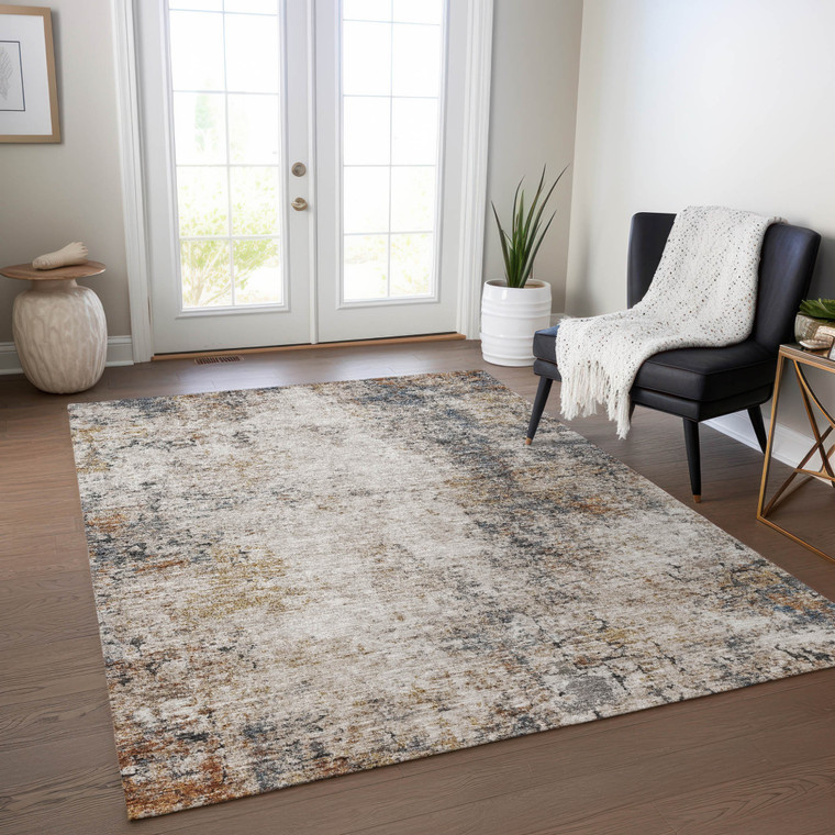 5' X 8' Ivory Blue And Copper Abstract Washable Indoor Outdoor Area Rug