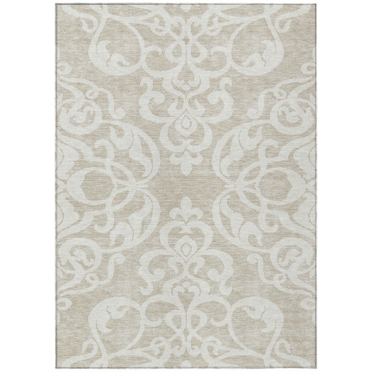 5' X 8' Beige And Ivory Damask Washable Indoor Outdoor Area Rug - Beige, Ivory