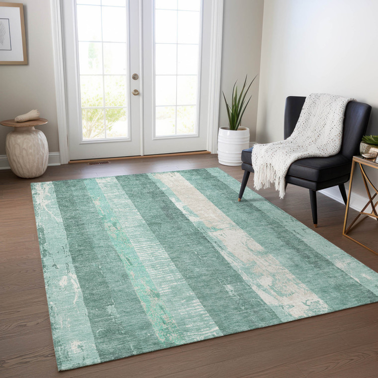 5' X 8' Pale Aqua And Teal Blue Striped Washable Indoor Outdoor Area Rug