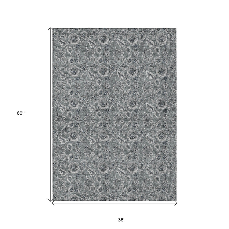 3' X 5' Gray Silver And Charcoal Floral Washable Indoor Outdoor Area Rug Transitional Style - Gray, Silver, Charcoal Color