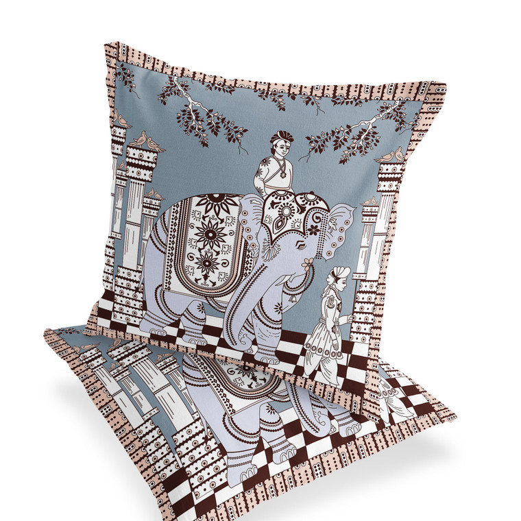Set of Two 18" Blue Elephant Indoor Outdoor Throw Pillow Cover and Insert Polyester