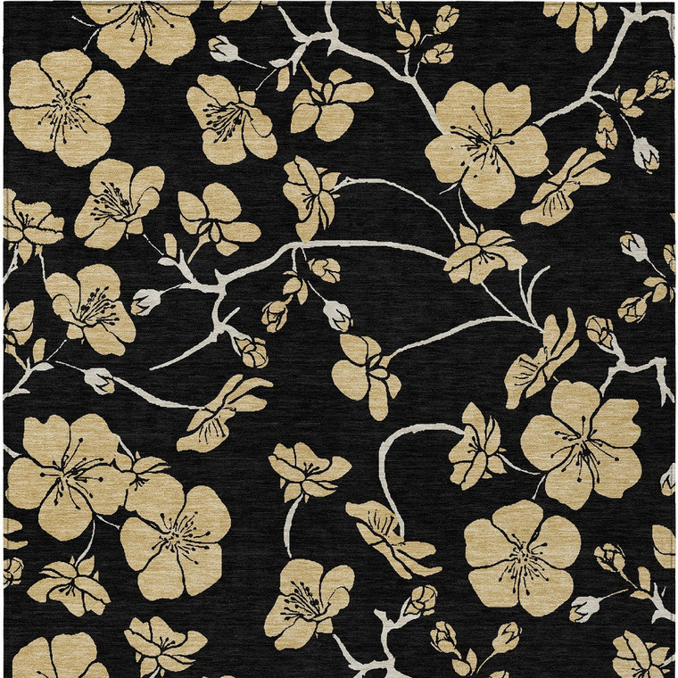3' X 5' Black And Gold Floral Washable Indoor Outdoor Area Rug