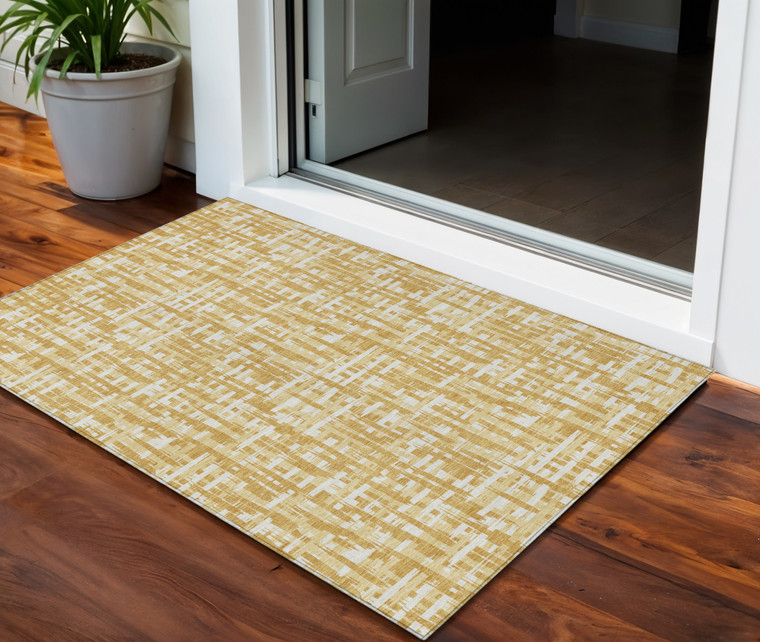 3' X 5' Gold Brown And Beige Abstract Washable Indoor Outdoor Area Rug - 608219058081