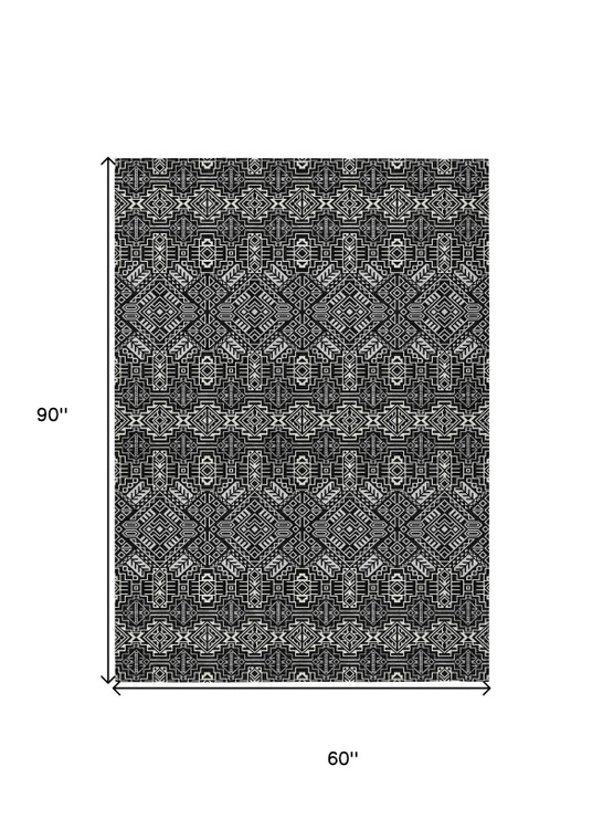 5' X 8' Black And Ivory Tribal Washable Indoor Outdoor Area Rug