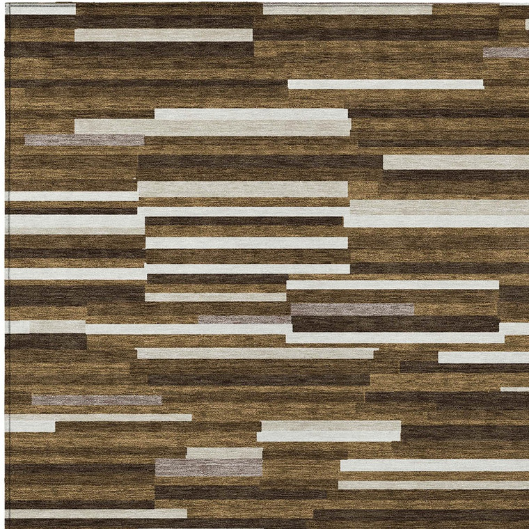 5' X 8' Brown And Ivory Striped Washable Indoor Outdoor Area Rug Transitional Style - Brown, Ivory Color
