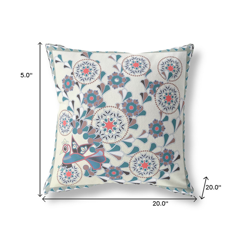 20" x 20" Off White Peacock Blown Seam Floral Indoor Outdoor Throw Pillow Premium Quality