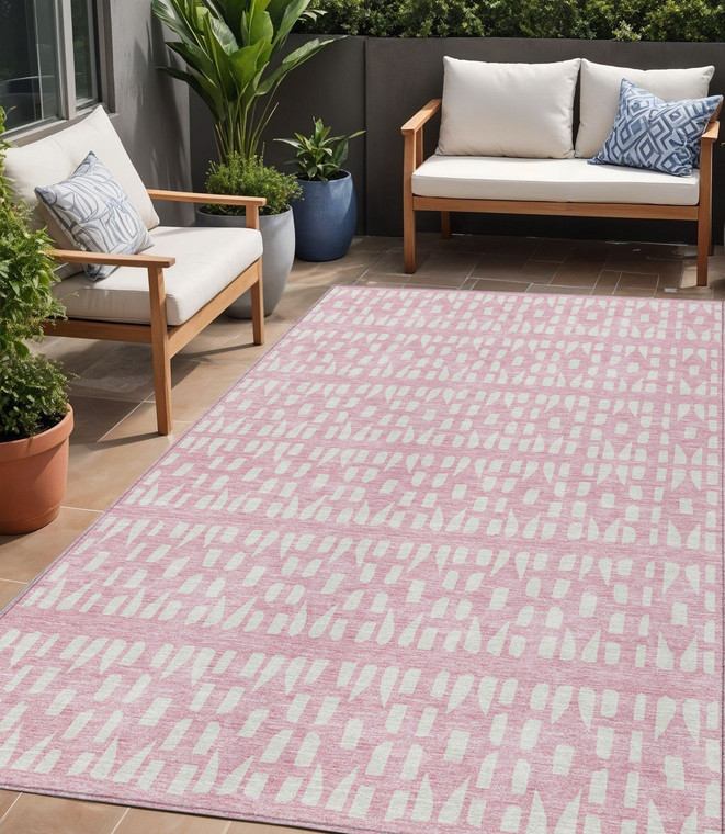 5' X 8' Pink And Ivory Geometric Washable Indoor Outdoor Area Rug - 880016709193