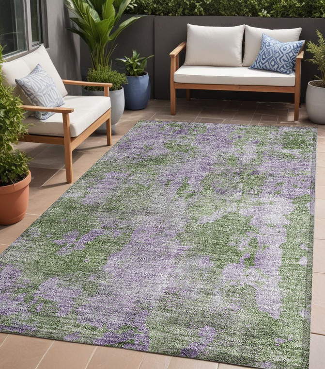 5' X 8' Green and Purple Abstract Washable Non Skid Indoor Outdoor Area Rug