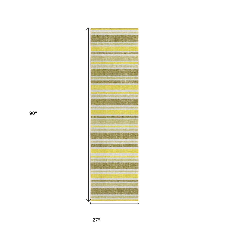 2' X 8' Khaki Yellow and Gray Striped Washable Non Skid Indoor Outdoor Runner Rug