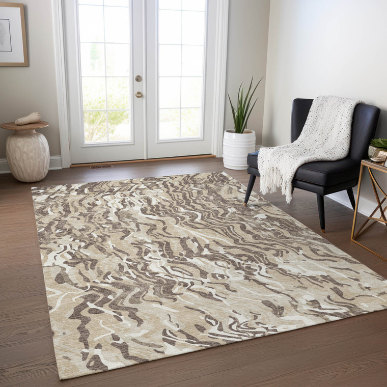 3' X 5' Beige Brown And Ivory Abstract Washable Indoor Outdoor Area Rug