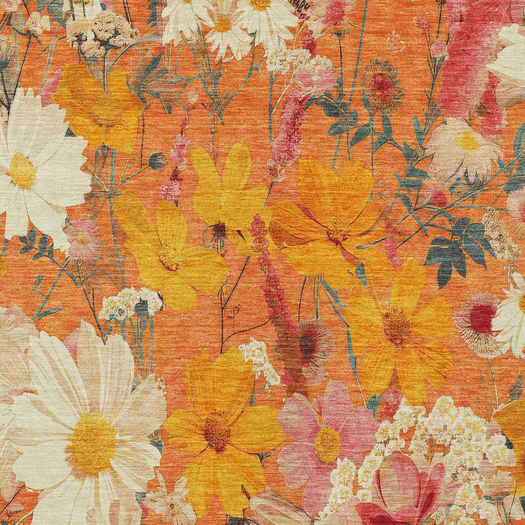 5' X 8' Orange Peach And Salmon Floral Washable Indoor Outdoor Area Rug