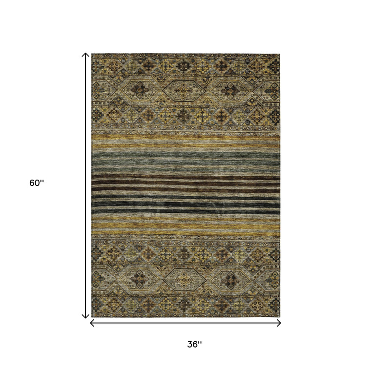 3' X 5' Gray Gold And Brown Medallion Washable Indoor Outdoor Area Rug