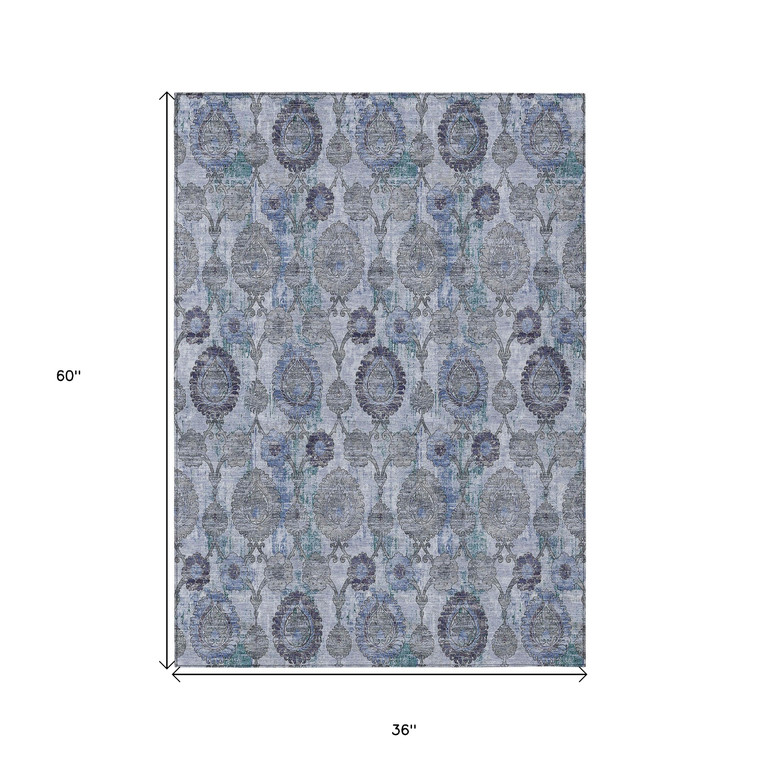 3' X 5' Navy Blue And Sky Blue Damask Washable Indoor Outdoor Area Rug