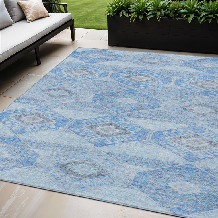 5' X 8' Blue And Gray Aztec Washable Indoor Outdoor Area Rug