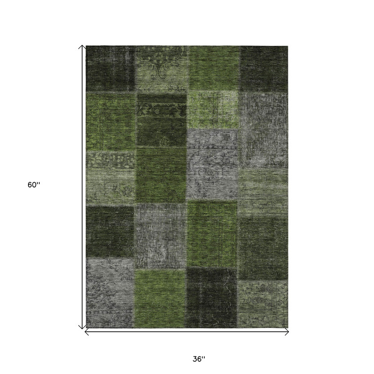 3' X 5' Olive Green And Artichoke Green Patchwork Washable Indoor Outdoor Area Rug - Olive Green, Artichoke Green