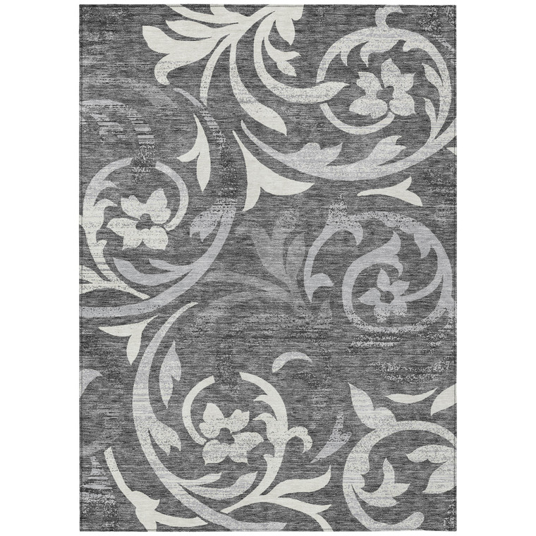 5' X 8' Charcoal Silver And Gray Floral Washable Indoor Outdoor Area Rug