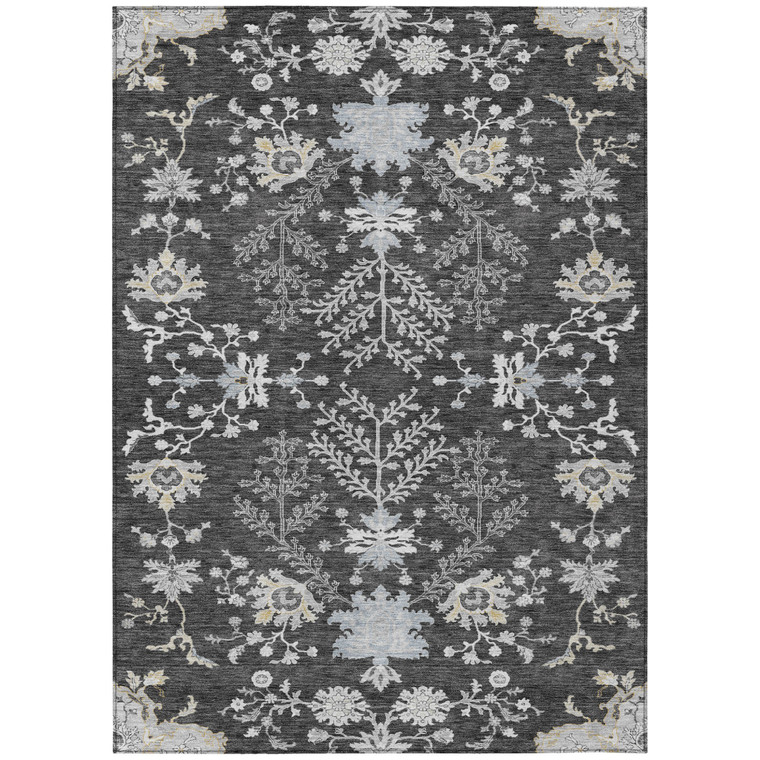 3' X 5' Charcoal Gray And Beige Floral Washable Indoor Outdoor Area Rug