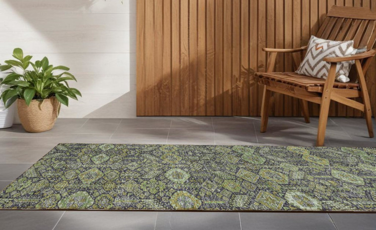 8' Blue And Green Floral Washable Indoor Outdoor Runner Rug