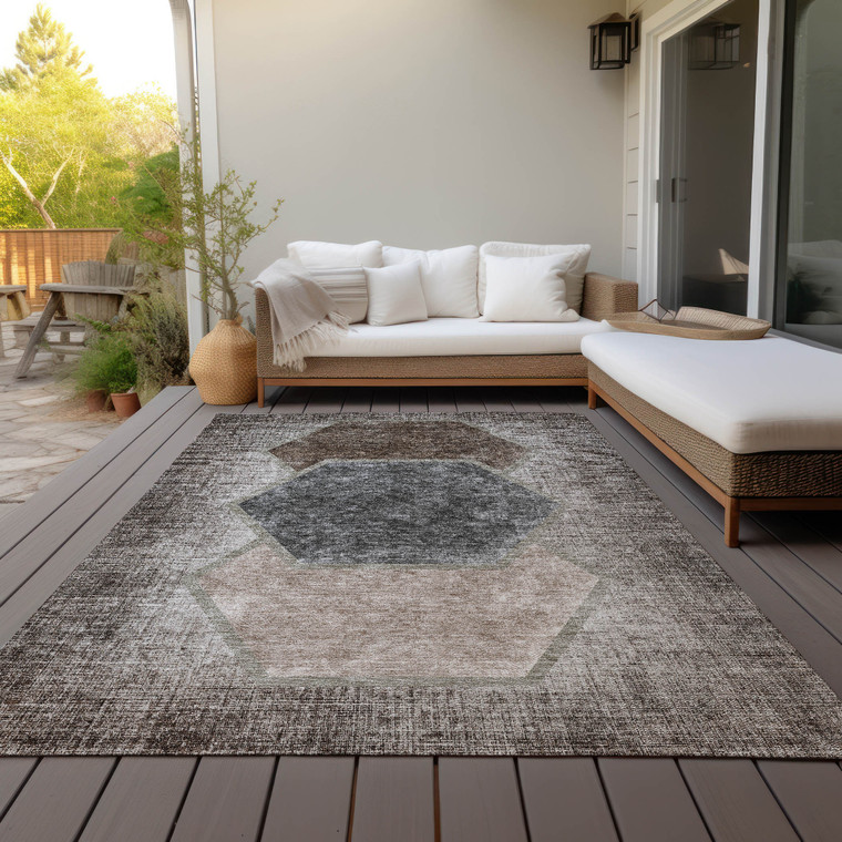 3' X 5' Chocolate And Taupe Geometric Washable Indoor Outdoor Area Rug