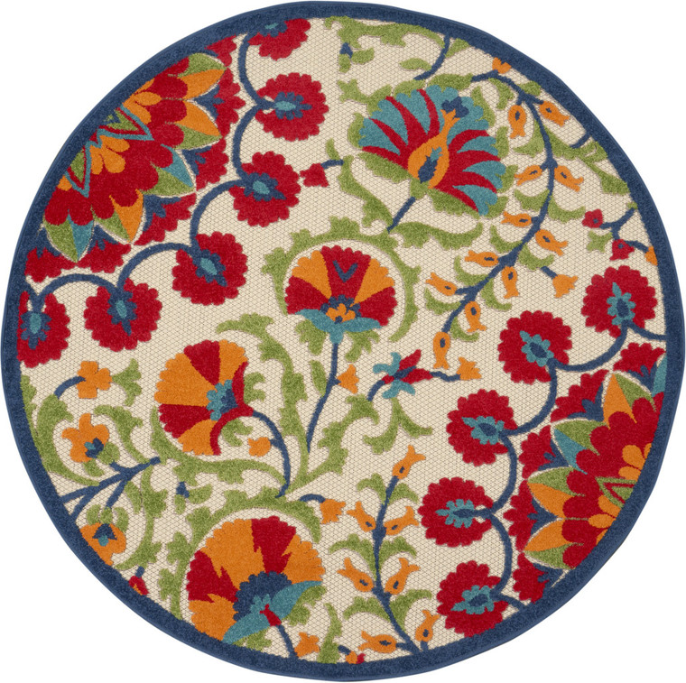 4' Navy Blue Beige Green Blue And Red Round Floral Indoor Outdoor Area Rug - Navy Blue, Beige, Green, Blue, Red
