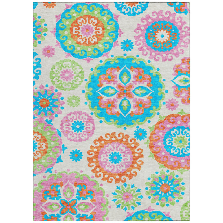 3' X 5' White Orange And Teal Blue Floral Medallion Washable Indoor Outdoor Area Rug