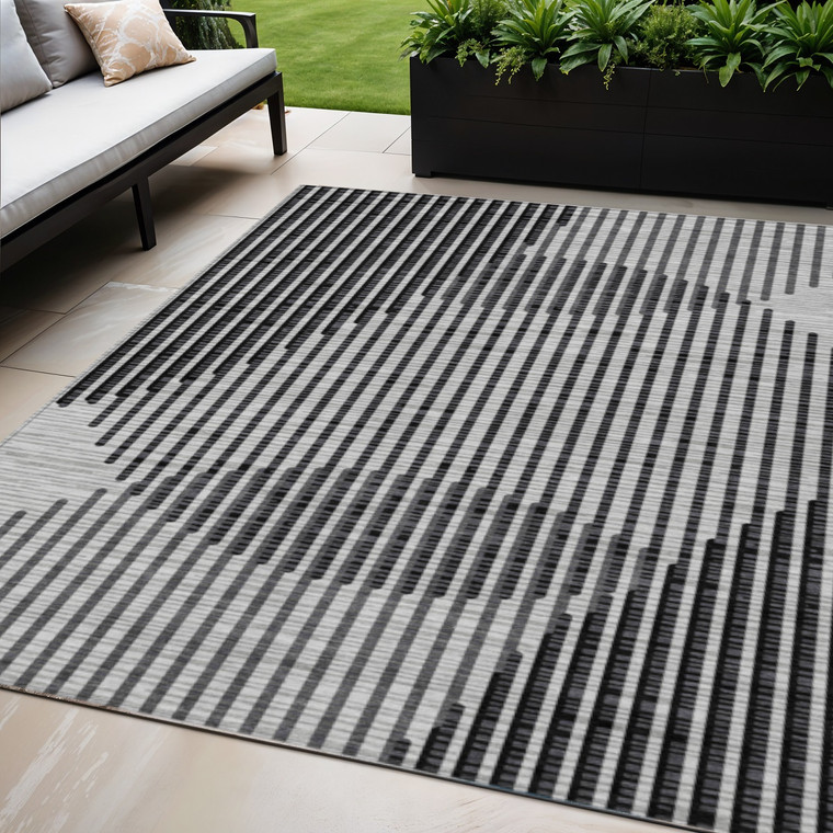 5' X 8' Gray And Black Geometric Washable Indoor Outdoor Area Rug