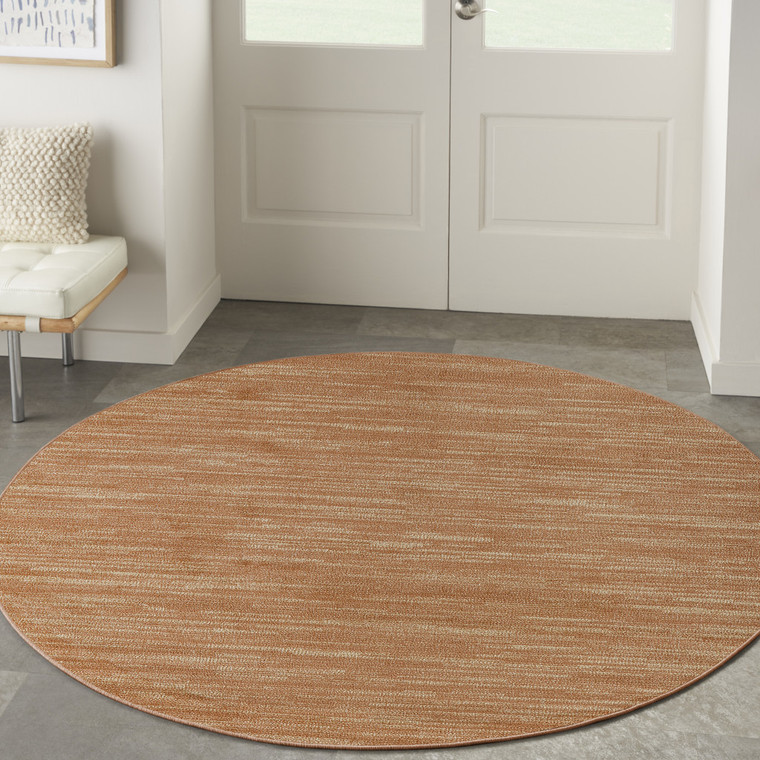 6' Rust And Beige Round Abstract Indoor Outdoor Area Rug