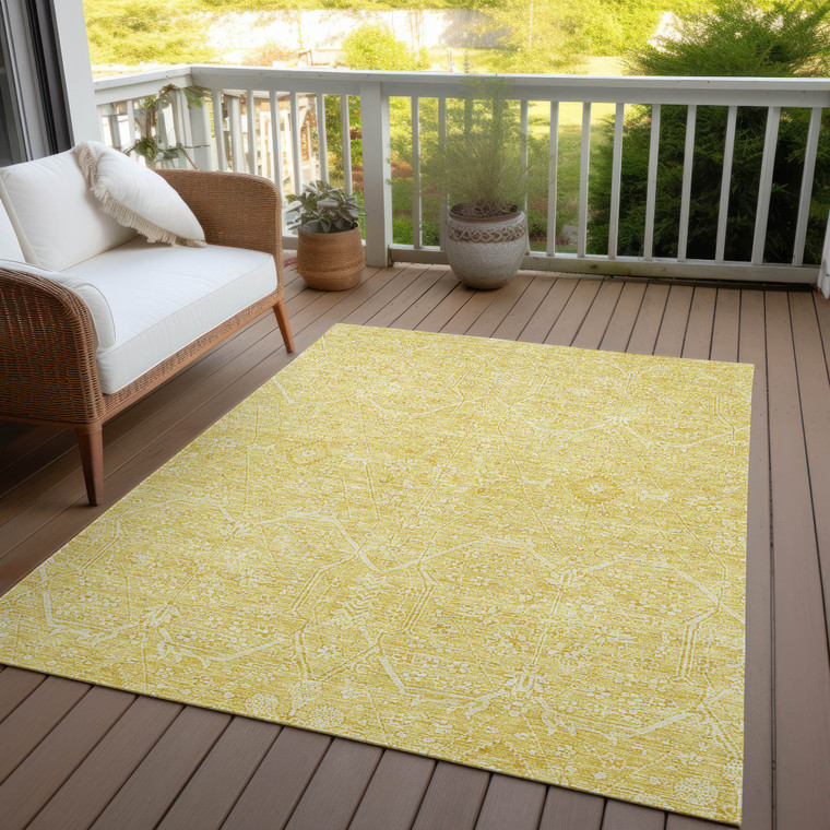 5' X 8' Gold Floral Washable Indoor Outdoor Area Rug