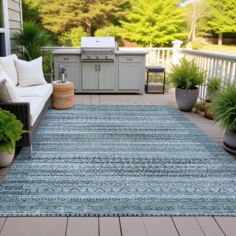 3' X 5' Artichoke Green And Blue Striped Washable Indoor Outdoor Area Rug