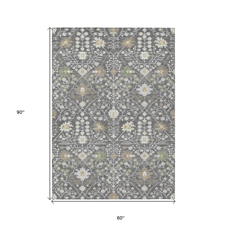 5' X 8' Charcoal Ivory And Green Oriental Washable Indoor Outdoor Area Rug