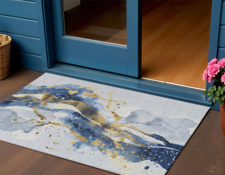 3' X 5' Blue And Gold Abstract Washable Indoor Outdoor Area Rug - 880016663556