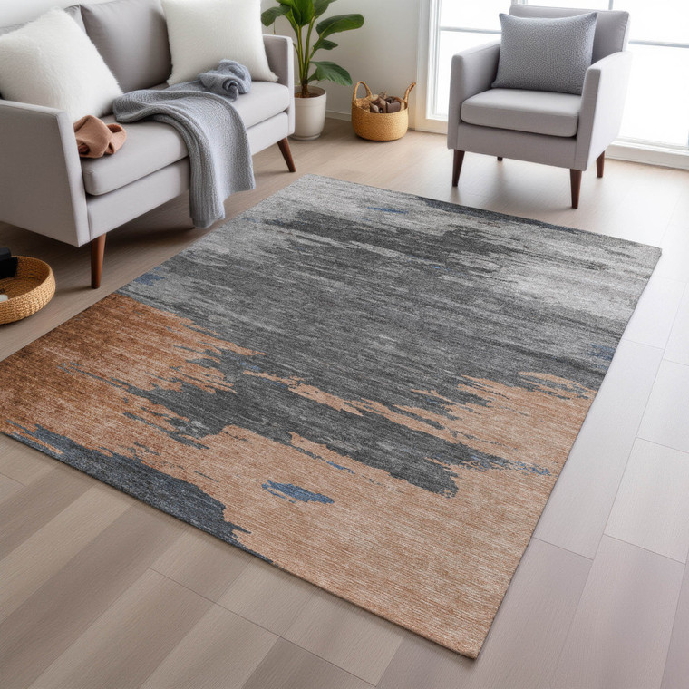 3' X 5' Rust And Gray Abstract Washable Indoor Outdoor Area Rug - Rust, Gray